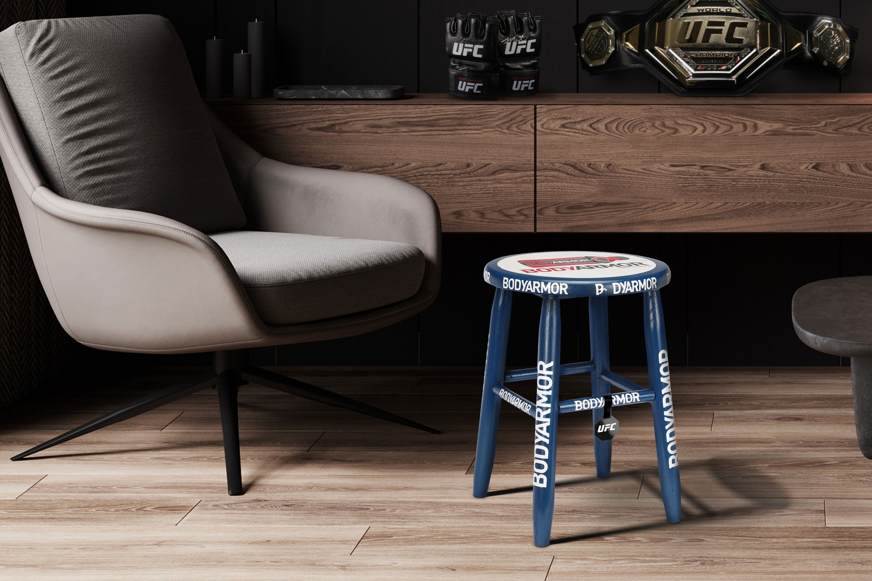 Blue corner stool used in UFC Fight Night: Gane vs. Tuivasa, showcasing wear from the event.